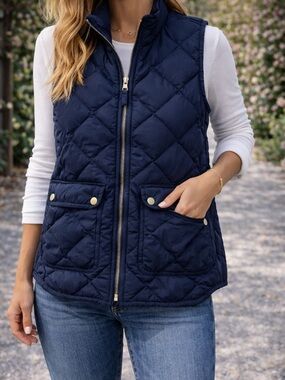 J. Crew Navy Quilted Puffer Vest Zip Front Pockets Size Small